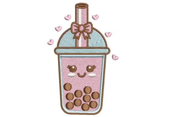 Kawaii Pink Boba Tea Embroidery