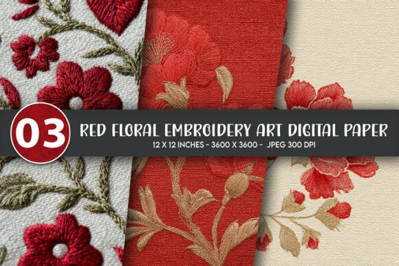 Red Floral Embroidery Art Digital Paper Review