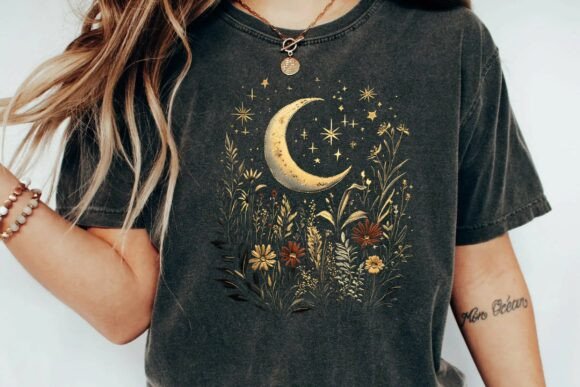 Vintage Celestial Moon Wildflower Embroidery Design